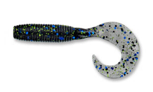 Gary yamamoto - grub single curly tail - 4 inch - 40-20-214 - Smoke Black with Blue & Chartreuse Flake